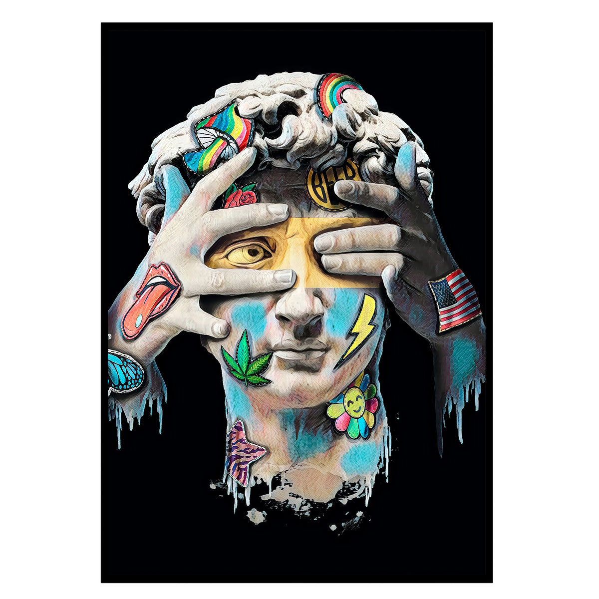 Geblendete Wahrheit - Modernes Pop-Art David Poster, Nahaufnahme des Drucks im schmalen schwarzen Rahmen