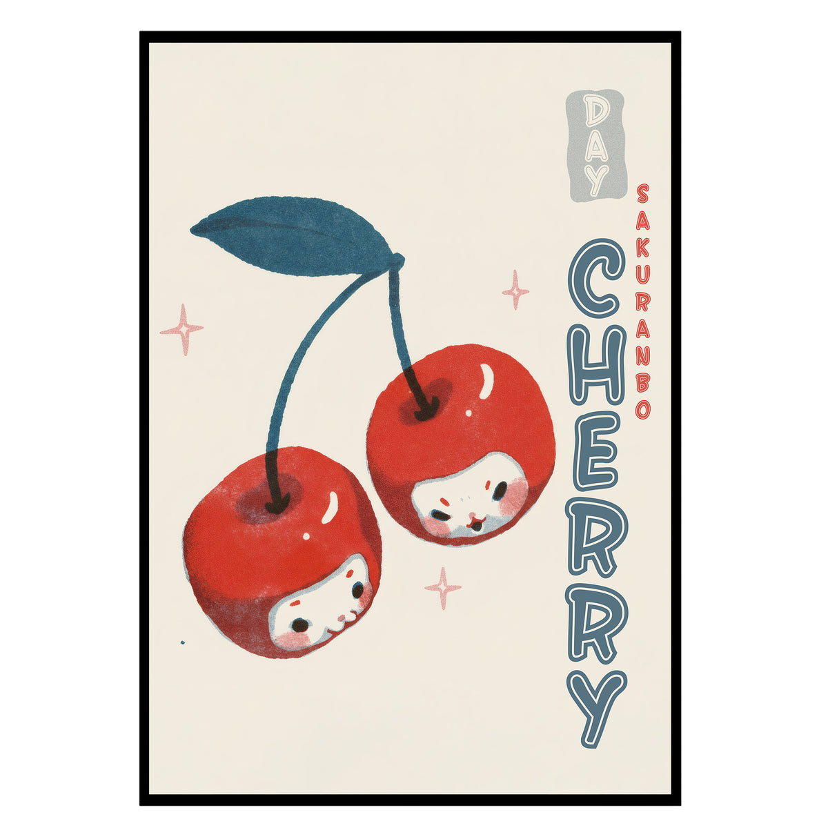 Kirschen Tag - Kawaii Sakuranbo Poster, Nahaufnahme des Drucks im schmalen schwarzen Rahmen
