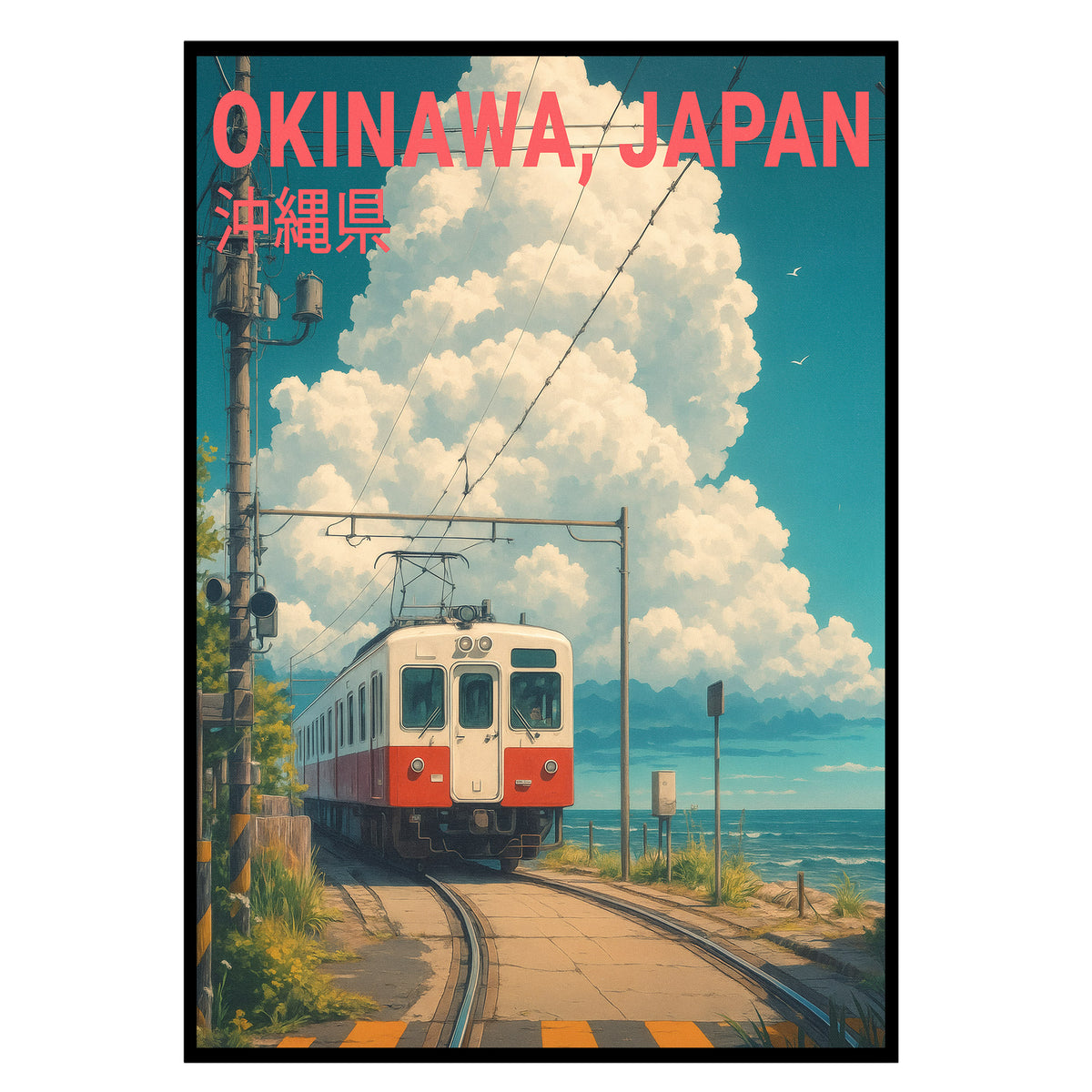 Küstenfahrt - Okinawa, Japan Poster, Nahaufnahme des Drucks im schmalen schwarzen Rahmen