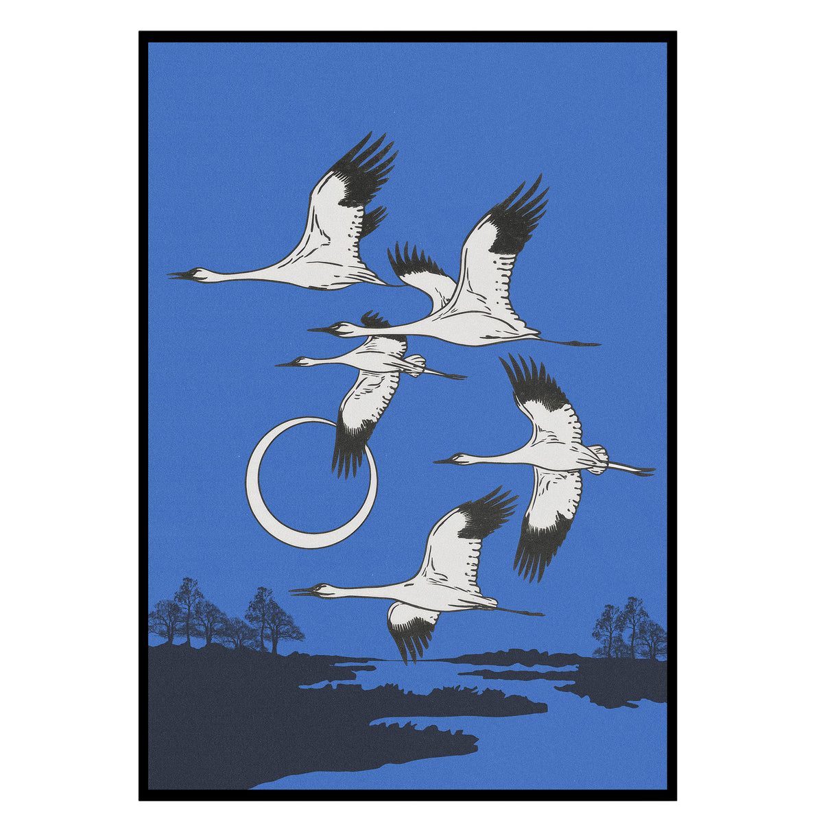 Ewiger Flug - Japanische Kraniche Poster, Nahaufnahme des Drucks im schmalen schwarzen Rahmen