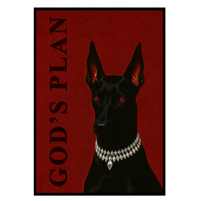 God's Plan - Diamant Dobermann Poster, Nahaufnahme des Drucks im schmalen schwarzen Rahmen