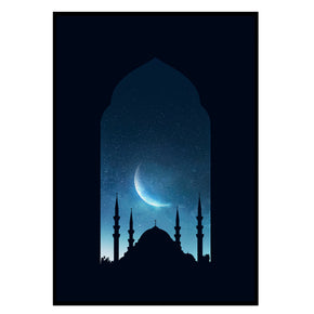 Heilige Nacht Moschee - Spirituelles Silhouetten Poster, Nahaufnahme des Drucks im schmalen schwarzen Rahmen