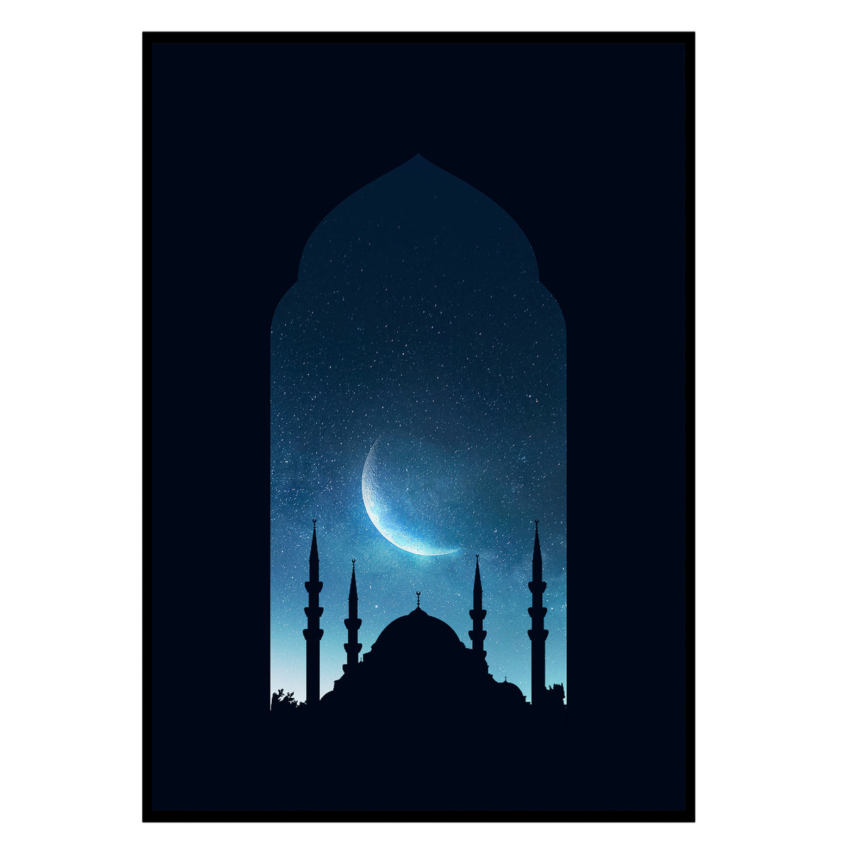 Heilige Nacht Moschee - Spirituelles Silhouetten Poster, Nahaufnahme des Drucks im schmalen schwarzen Rahmen