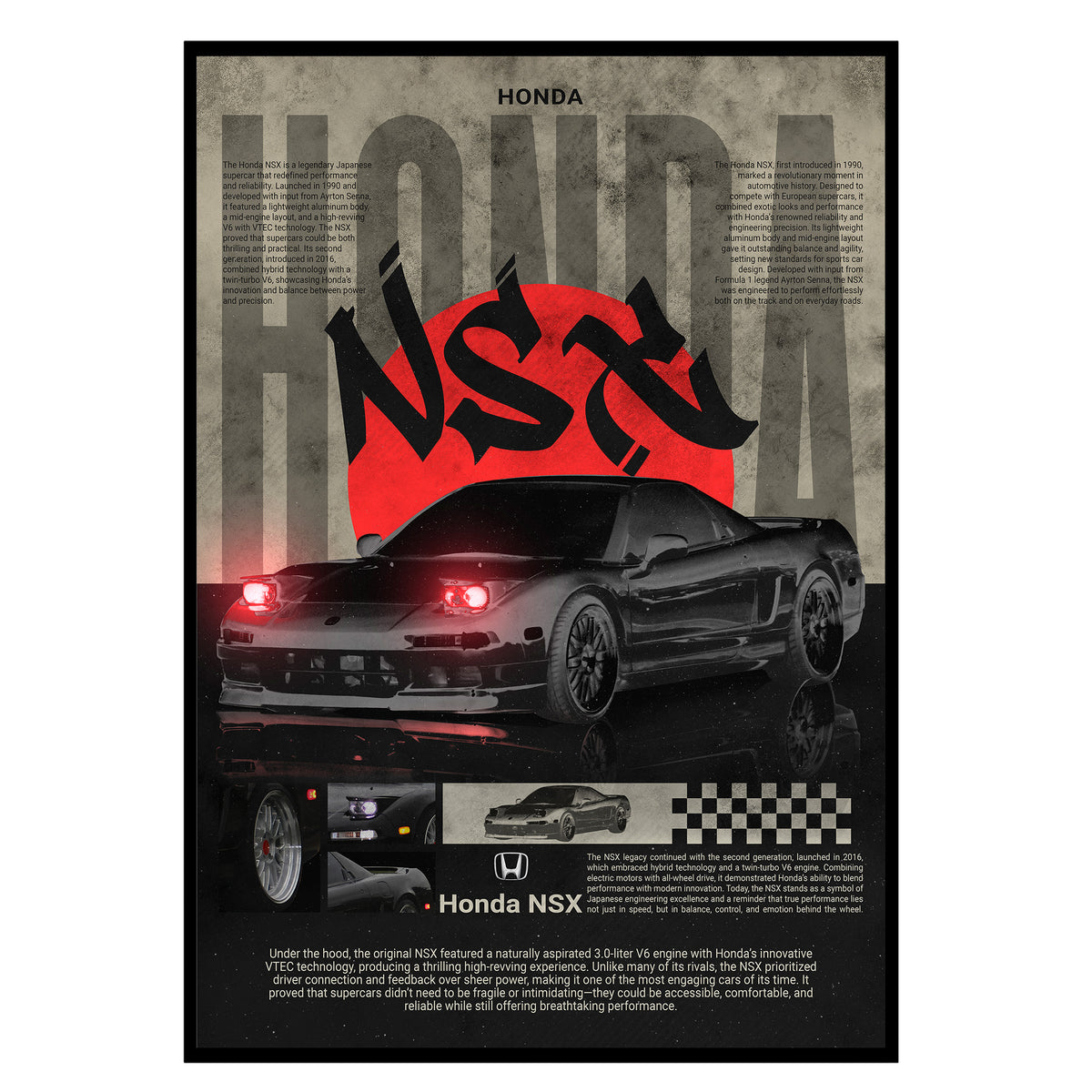 Japanischer Supersportwagen - Honda NSX Poster, Nahaufnahme des Drucks im schmalen schwarzen Rahmen