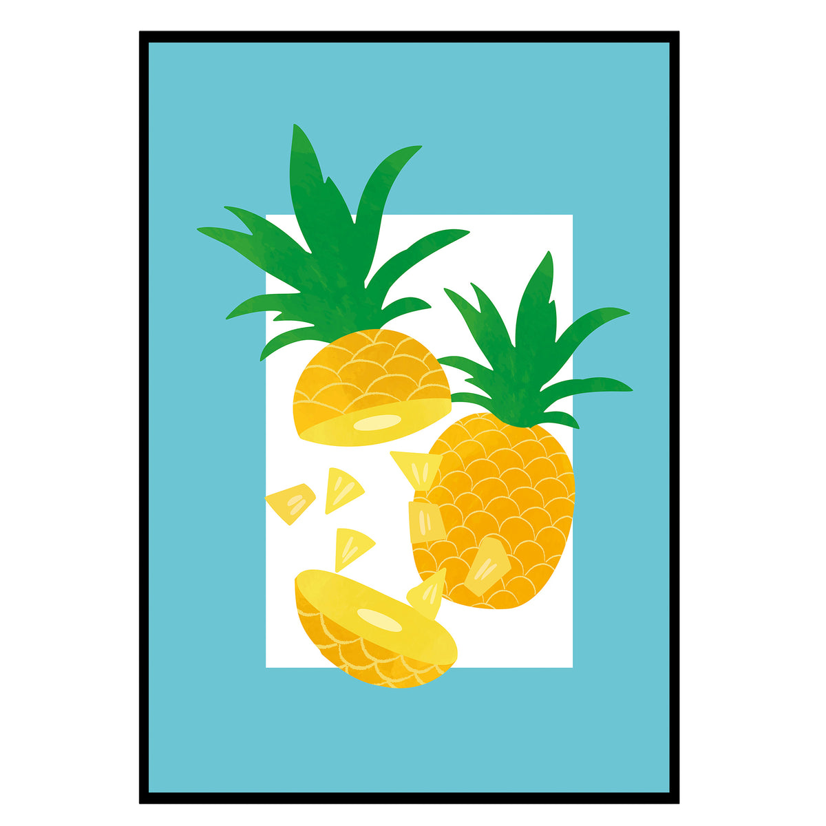 Saftiger Ananas Vibe - Frischer Sommer Poster, Nahaufnahme des Drucks im schmalen schwarzen Rahmen