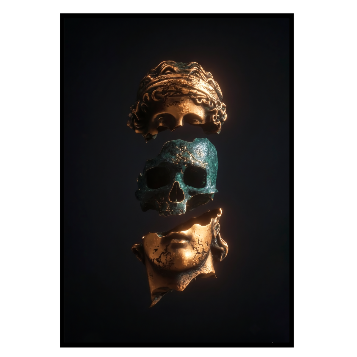 Memento Mori - Bronze Totenkopf Poster, Nahaufnahme des Drucks im schmalen schwarzen Rahmen
