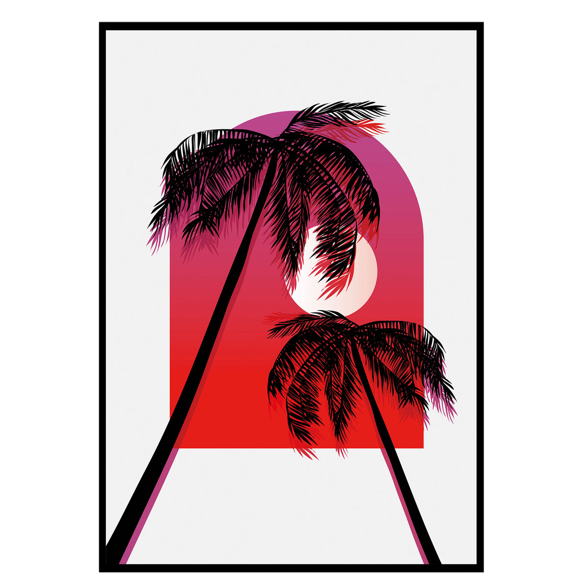 Neon Palm Sunset - Sommerträume Poster, Nahaufnahme des Drucks im schmalen schwarzen Rahmen
