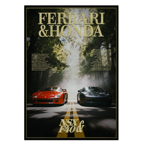 Rivalen der Strasse - Ferrari F40 x Honda NSX Poster, Nahaufnahme des Drucks im schmalen schwarzen Rahmen