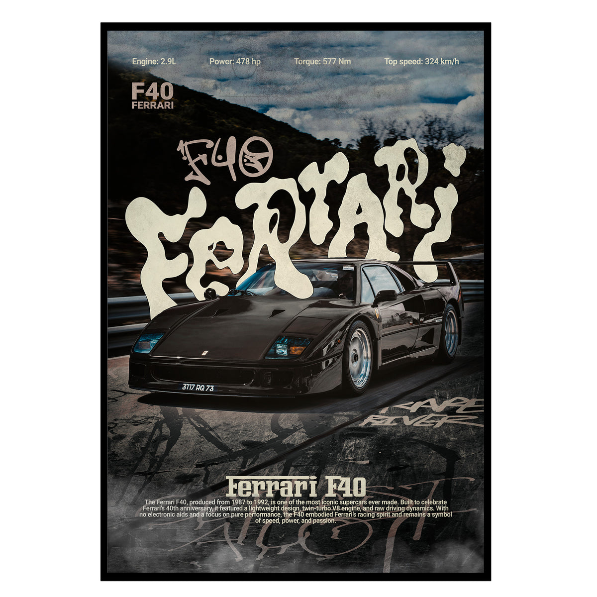 Die Ikone - Ferrari F40 Poster, Nahaufnahme des Drucks im schmalen schwarzen Rahmen