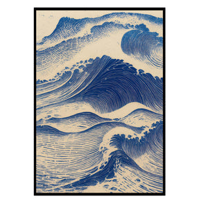 Ukiyo-e Ozean - Azurblaue Wellen Poster, Nahaufnahme des Drucks im schmalen schwarzen Rahmen