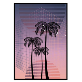 Vaporwave Palmen - Neon Sonnenuntergang Poster, Nahaufnahme des Drucks im schmalen schwarzen Rahmen
