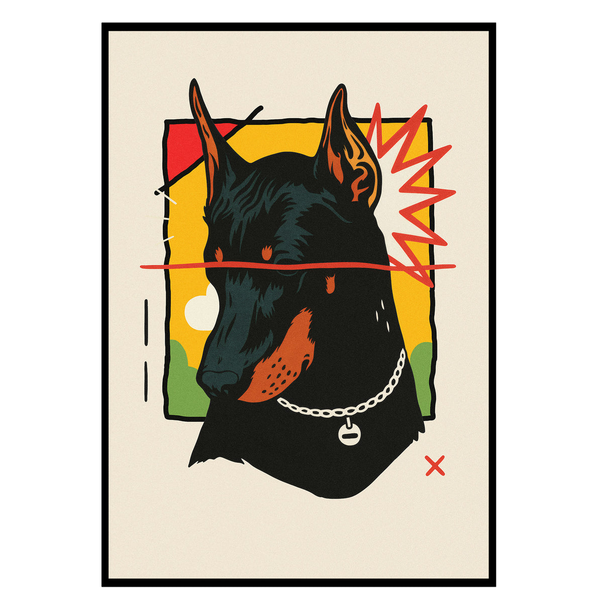Wachsamer Blick - Dobermann Porträt Poster, Nahaufnahme des Drucks im schmalen schwarzen Rahmen