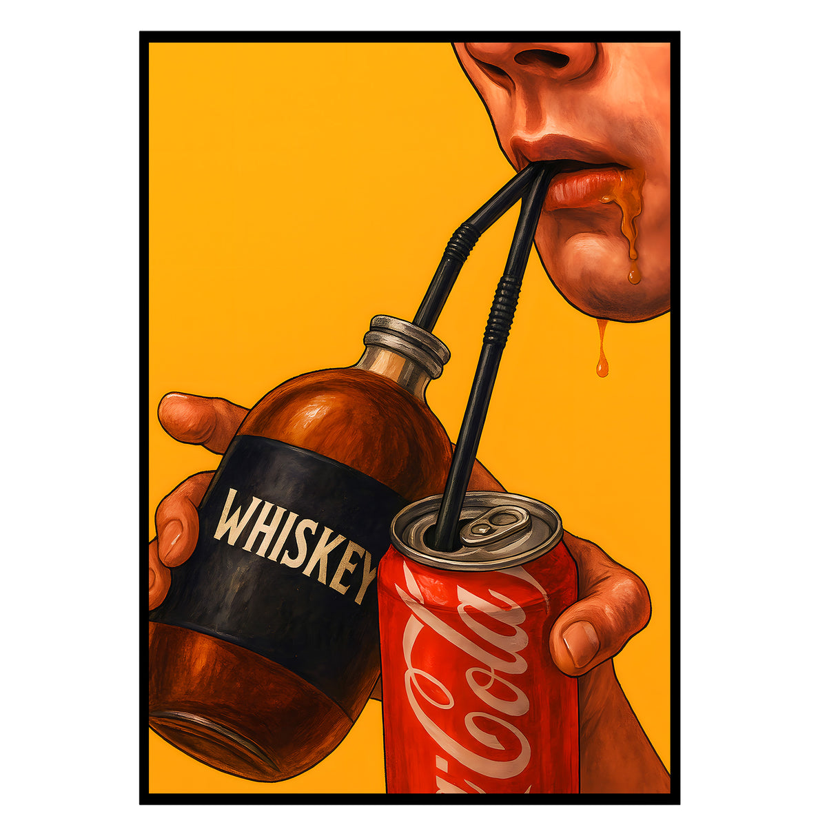 Whiskey & Cola - Durstlöscher Poster, Nahaufnahme des Drucks im schmalen schwarzen Rahmen