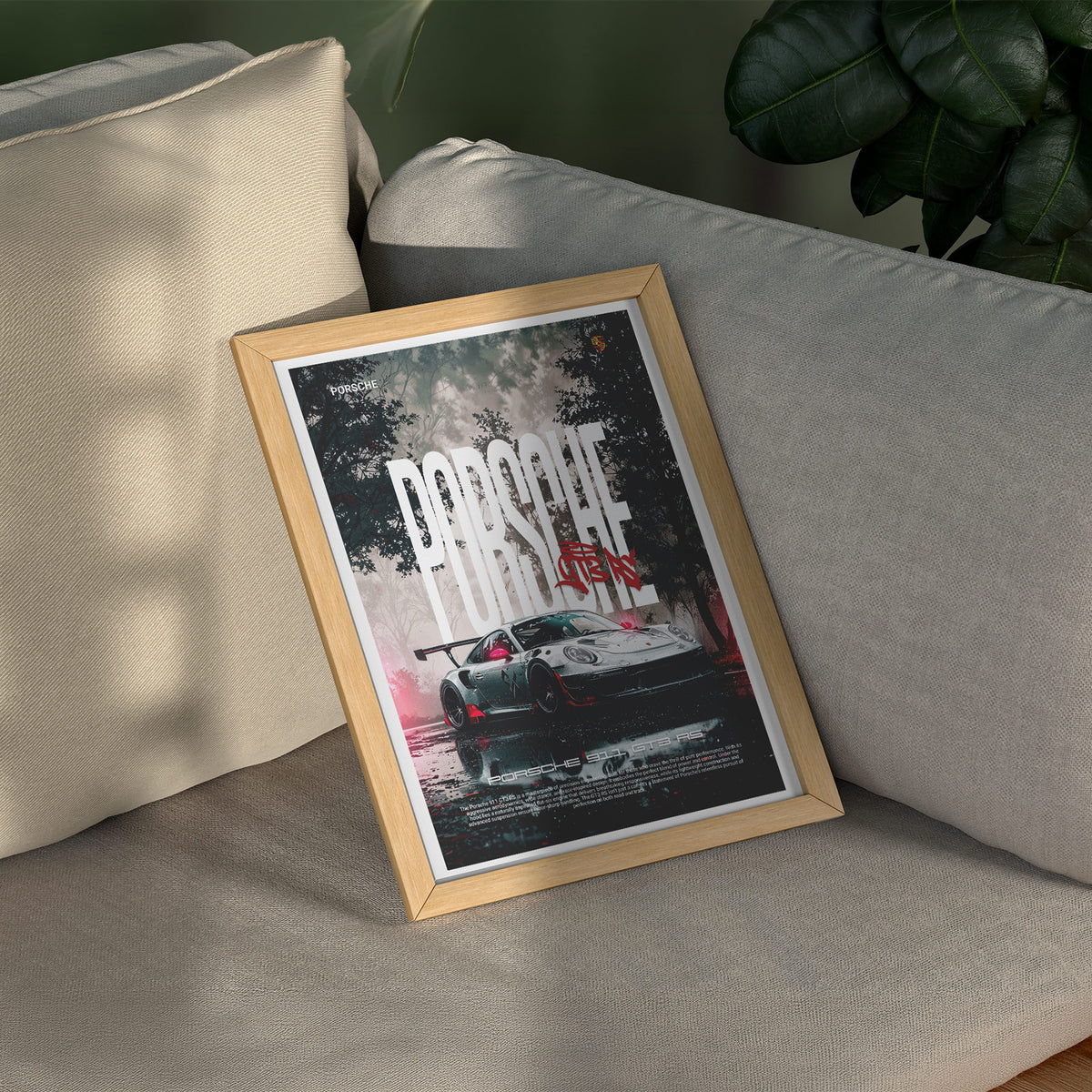 Performance auf Asphalt - Porsche GT3 RS Poster, gerahmt über einem Sofa