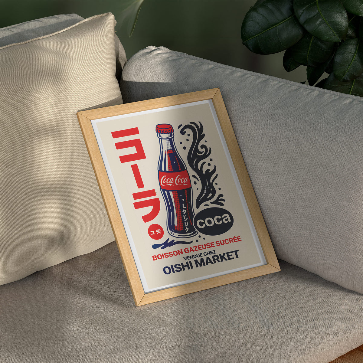Retro Softdrink - Japanese Pop Art Poster, gerahmt über einem Sofa