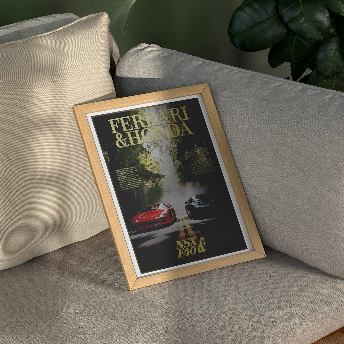 Rivalen der Strasse - Ferrari F40 x Honda NSX Poster, gerahmt über einem Sofa