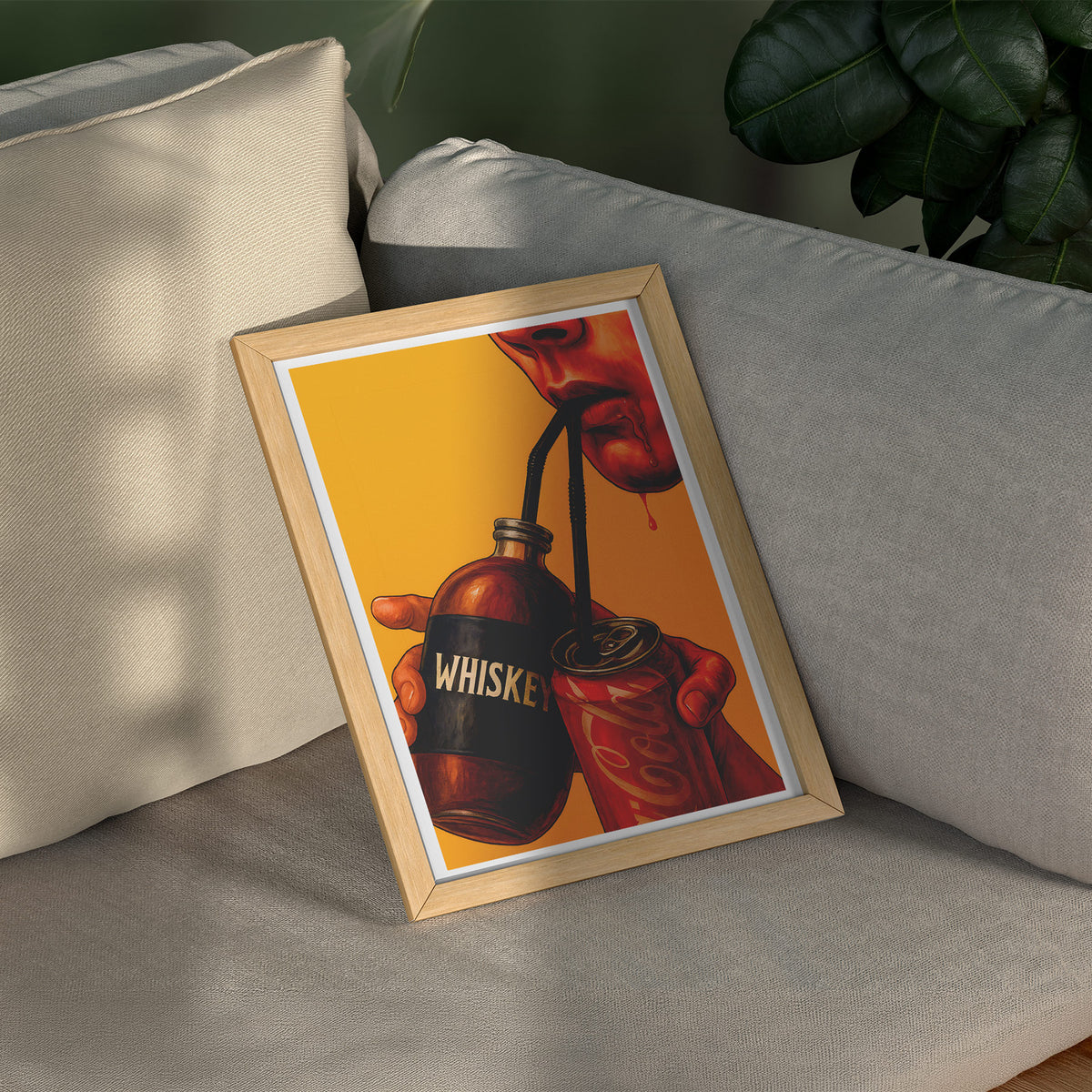Whiskey & Cola - Durstlöscher Poster, gerahmt über einem Sofa
