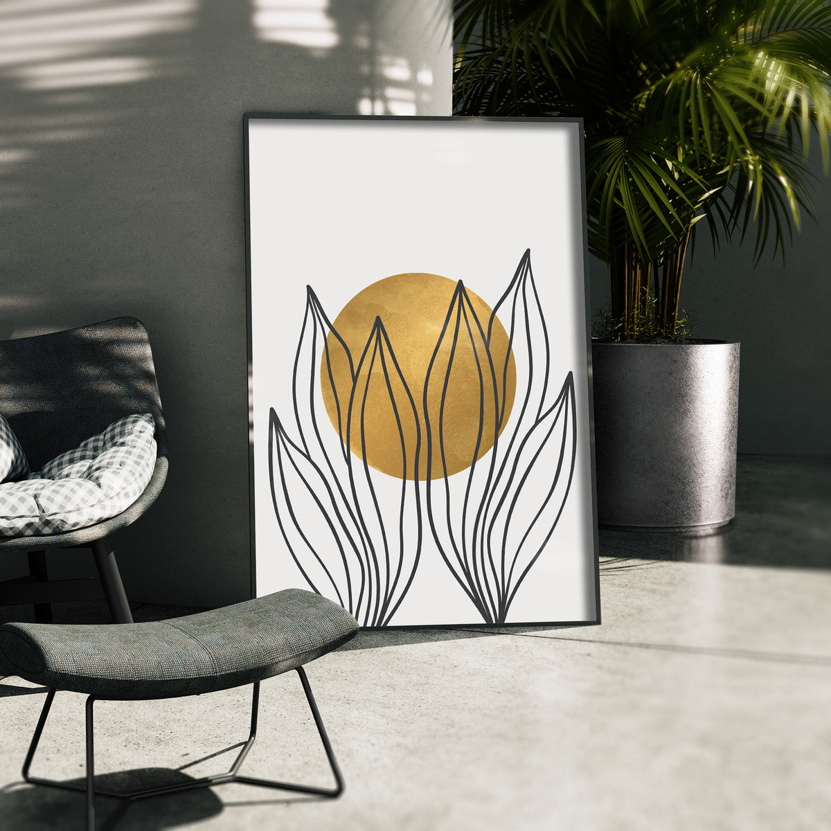Abstrakte Gartenarbeit - Goldene Sonne Poster, gerahmt in einer Aussenkulisse