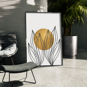 Abstrakte Gartenarbeit - Goldene Sonne Poster, gerahmt in einer Aussenkulisse