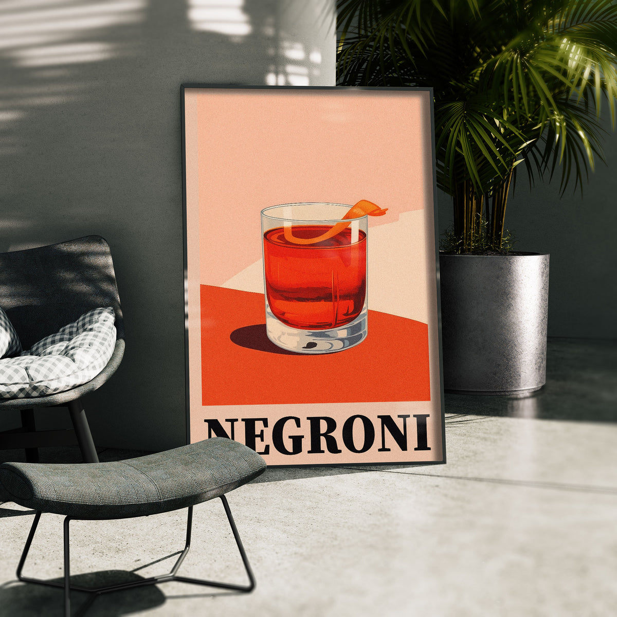 Aperitivo Zeit - Kühler Negroni Poster, gerahmt in einer Aussenkulisse