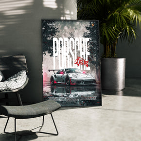 Performance auf Asphalt - Porsche GT3 RS Poster, gerahmt in einer Aussenkulisse