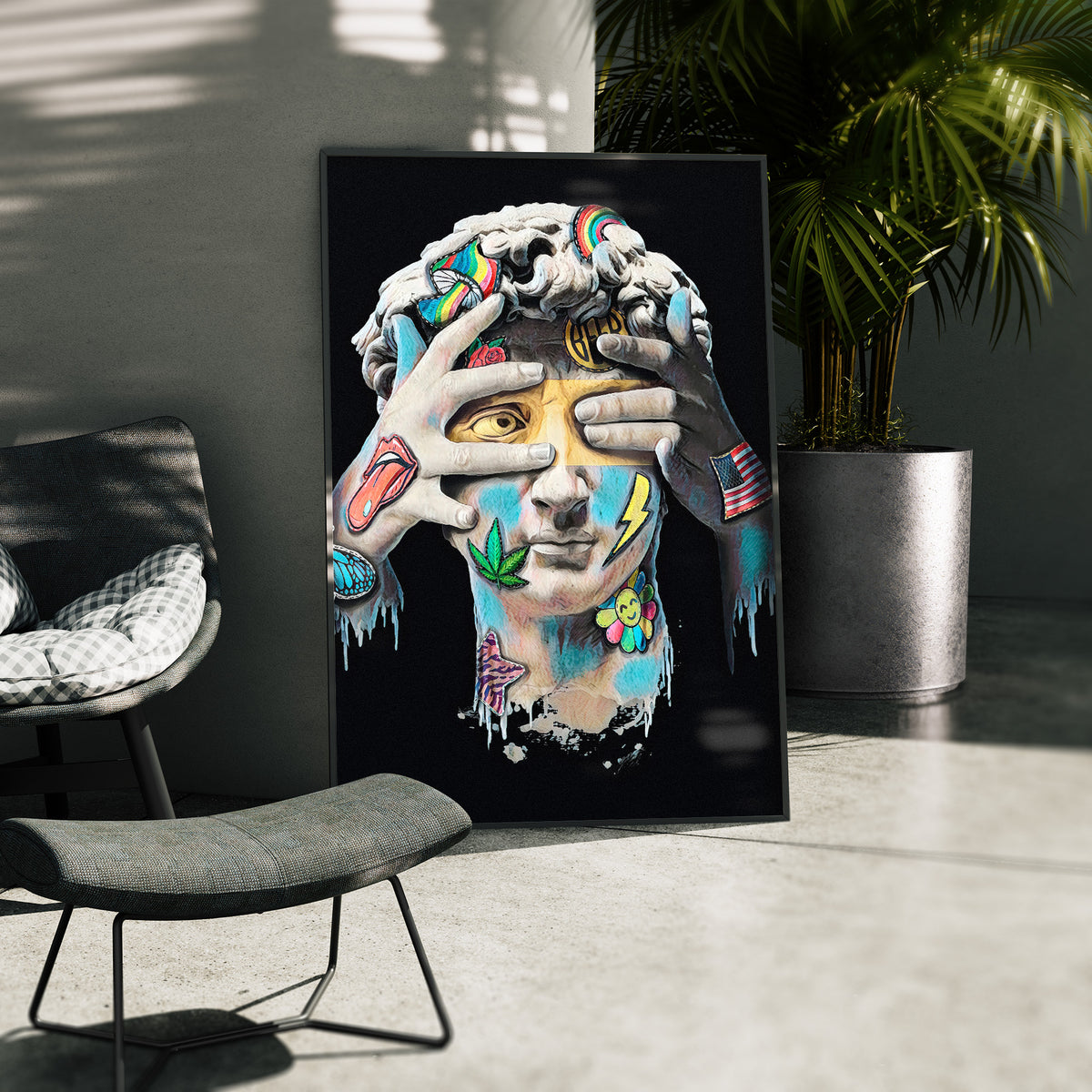Geblendete Wahrheit - Modernes Pop-Art David Poster, gerahmt in einer Aussenkulisse