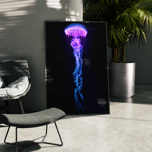 Kosmische Seele - Leuchtende Qualle Poster, gerahmt in einer Aussenkulisse
