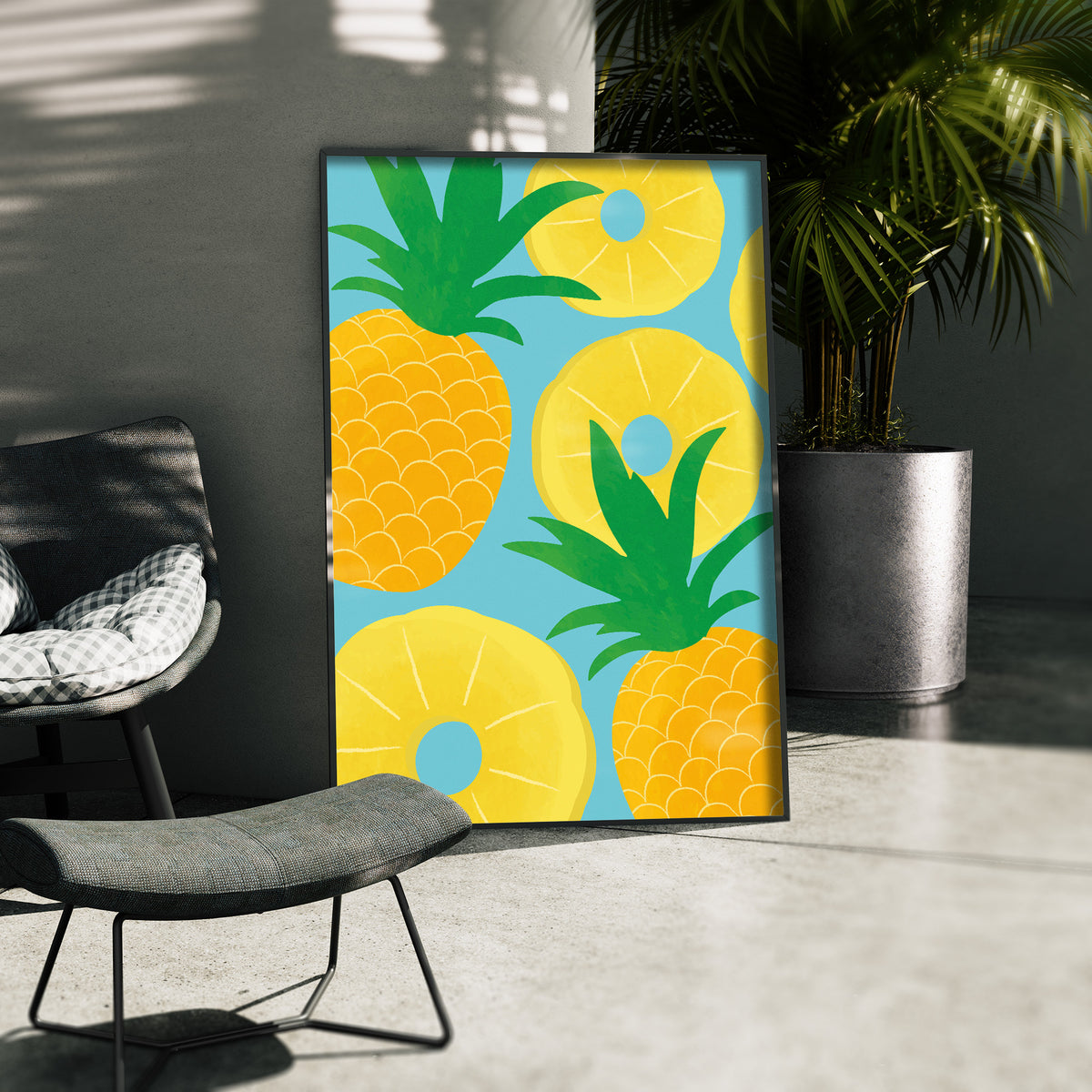 Fruchtige Komposition - Ananas-Träume Poster, gerahmt in einer Aussenkulisse