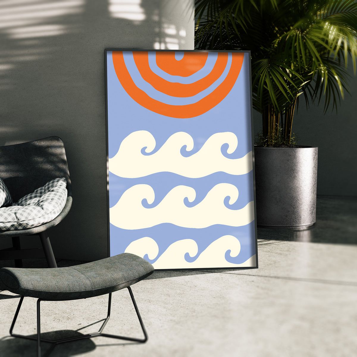 Groovy Ocean - Retro Wellen Poster, gerahmt in einer Aussenkulisse