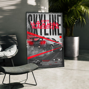 JDM Legende - GTR R34 Skyline Poster, gerahmt in einer Aussenkulisse