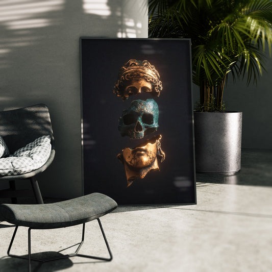Memento Mori - Bronze Totenkopf Poster, gerahmt in einer Aussenkulisse