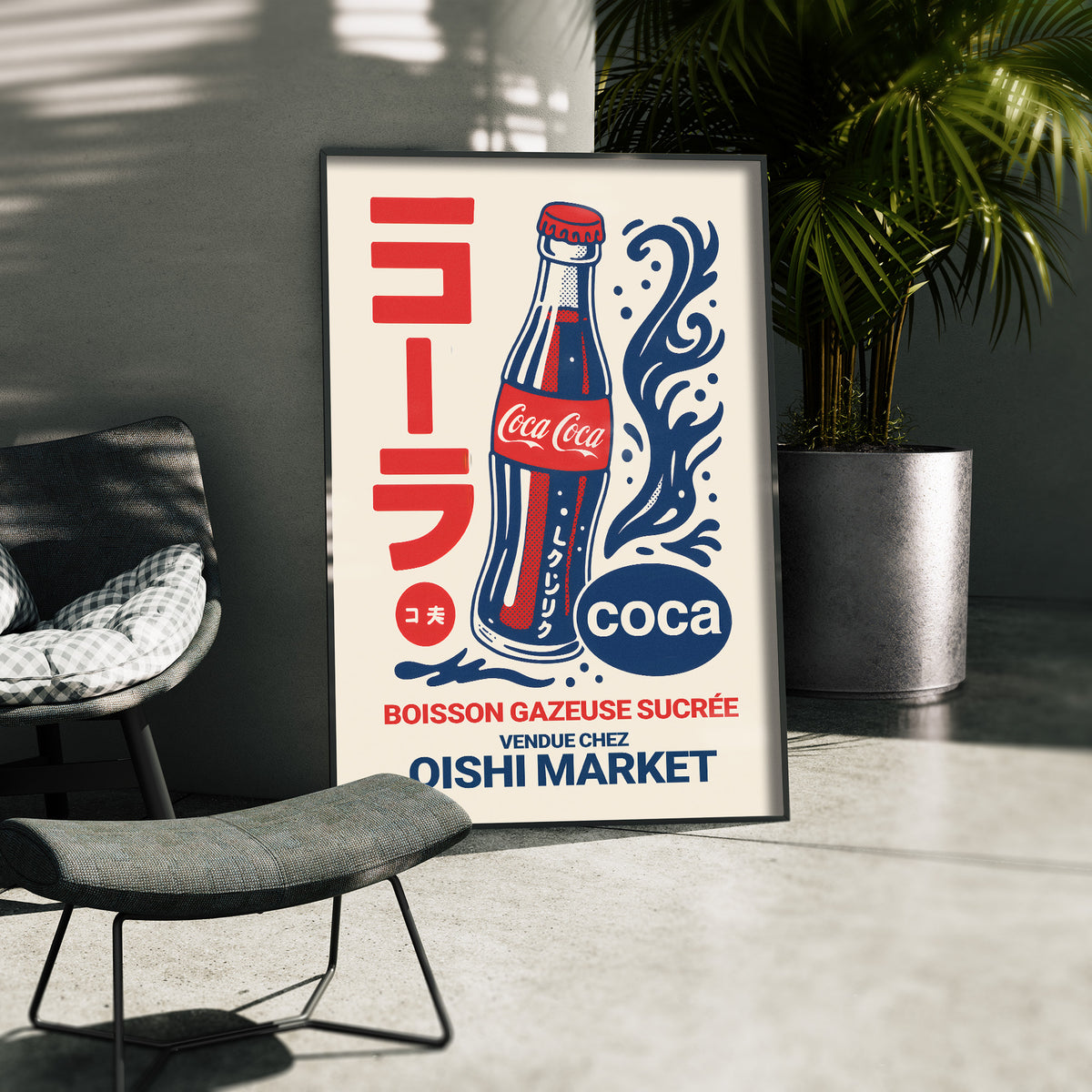 Retro Softdrink - Japanese Pop Art Poster, gerahmt in einer Aussenkulisse