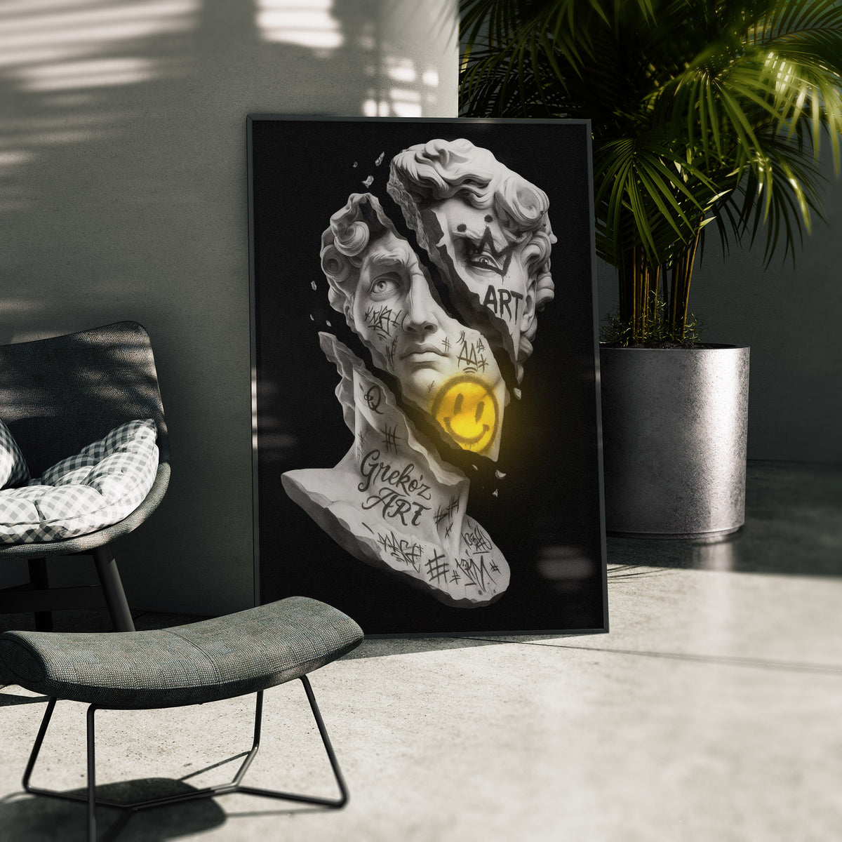 Zerschmettertes Ideal - Street Art David Poster, gerahmt in einer Aussenkulisse