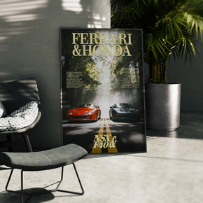 Rivalen der Strasse - Ferrari F40 x Honda NSX Poster, gerahmt in einer Aussenkulisse