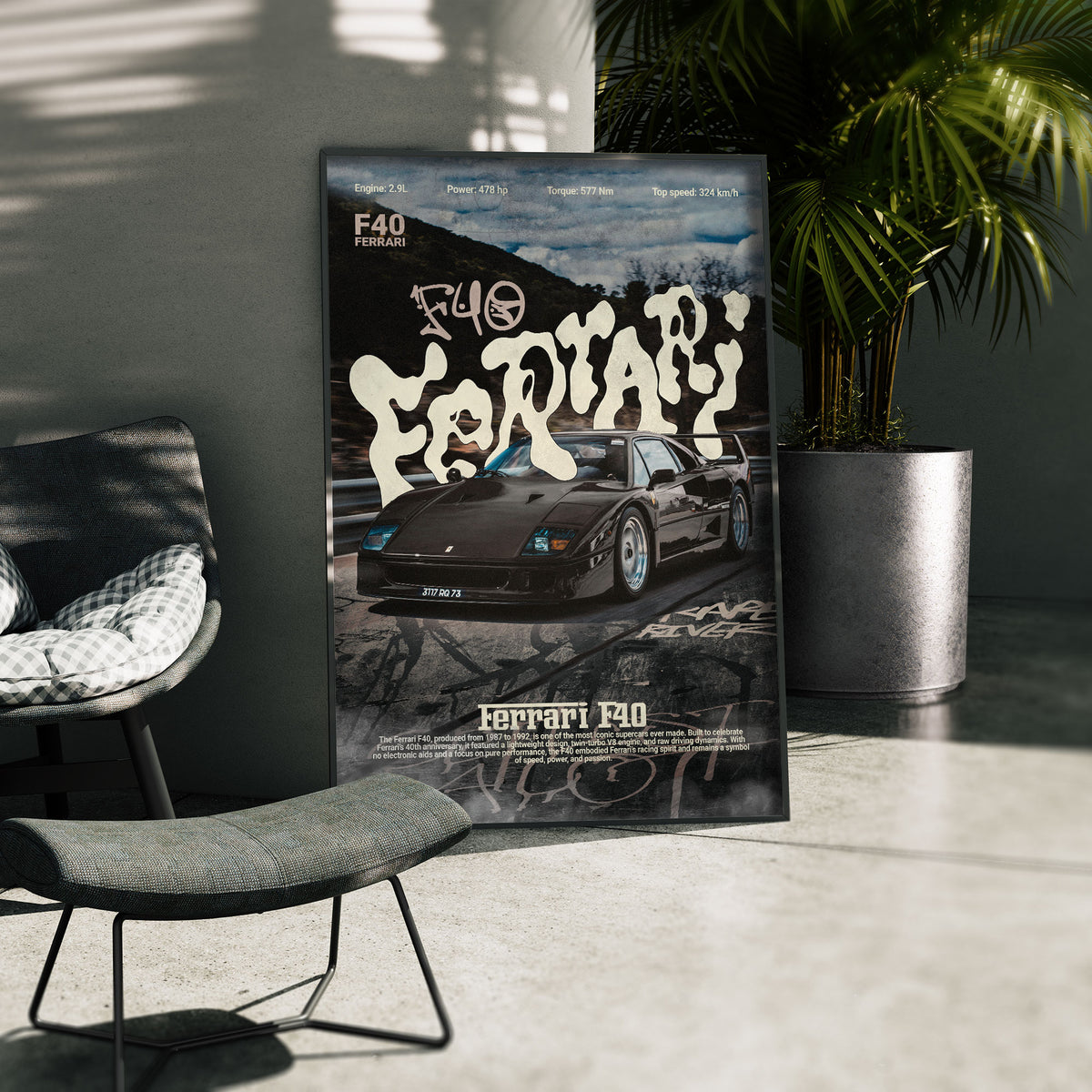 Die Ikone - Ferrari F40 Poster, gerahmt in einer Aussenkulisse