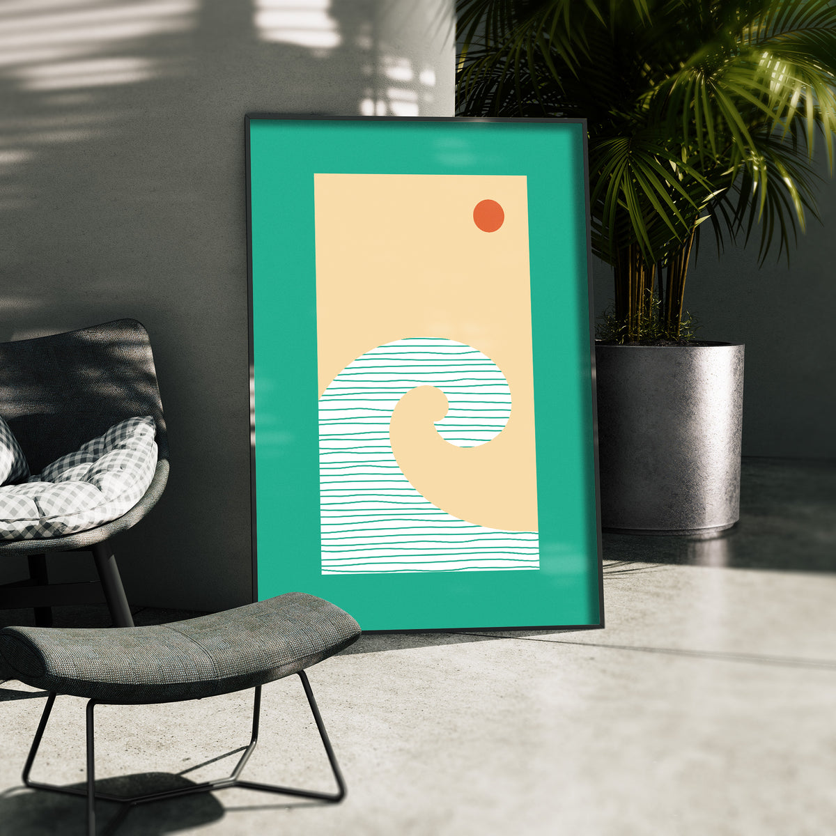 Die Perfekte Welle - Surf-Stimmung Poster, gerahmt in einer Aussenkulisse