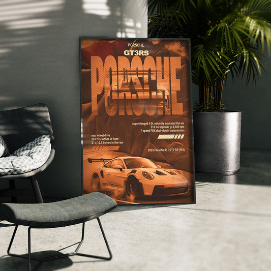 Rennstrecken-Leistung - Porsche GT3 RS Poster, gerahmt in einer Aussenkulisse