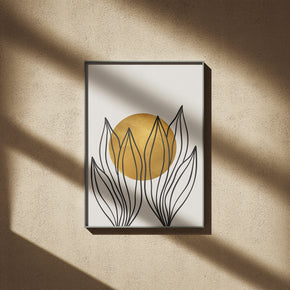 Abstrakte Gartenarbeit - Goldene Sonne Poster, gerahmt an einer sonnigen Wand mit weichen Schatten