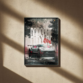 Performance auf Asphalt - Porsche GT3 RS Poster, gerahmt an einer sonnigen Wand mit weichen Schatten