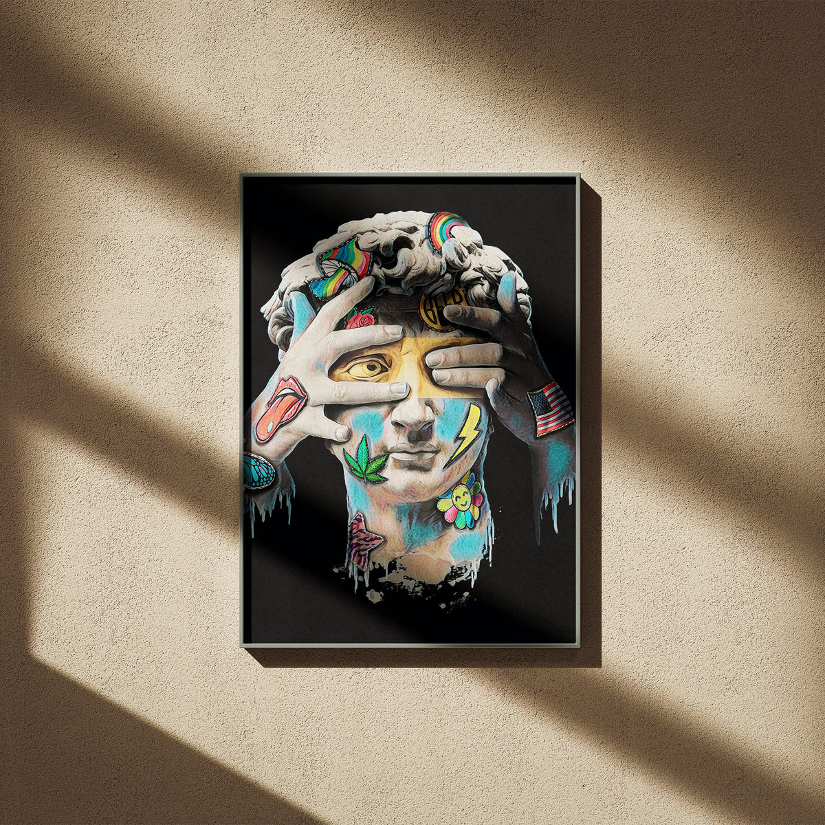 Geblendete Wahrheit - Modernes Pop-Art David Poster, gerahmt an einer sonnigen Wand mit weichen Schatten