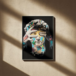 Geblendete Wahrheit - Modernes Pop-Art David Poster, gerahmt an einer sonnigen Wand mit weichen Schatten