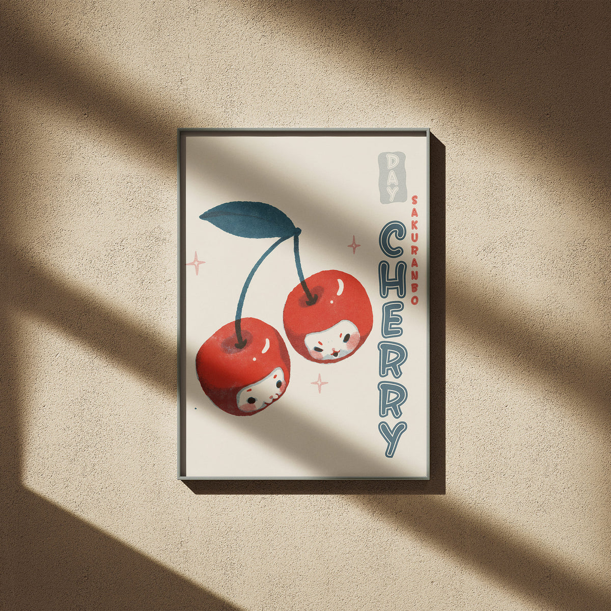 Kirschen Tag - Kawaii Sakuranbo Poster, gerahmt an einer sonnigen Wand mit weichen Schatten