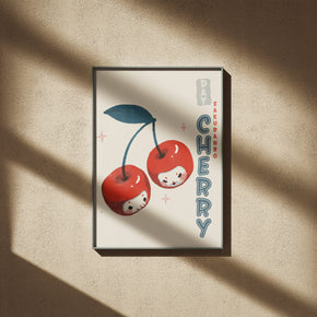 Kirschen Tag - Kawaii Sakuranbo Poster, gerahmt an einer sonnigen Wand mit weichen Schatten