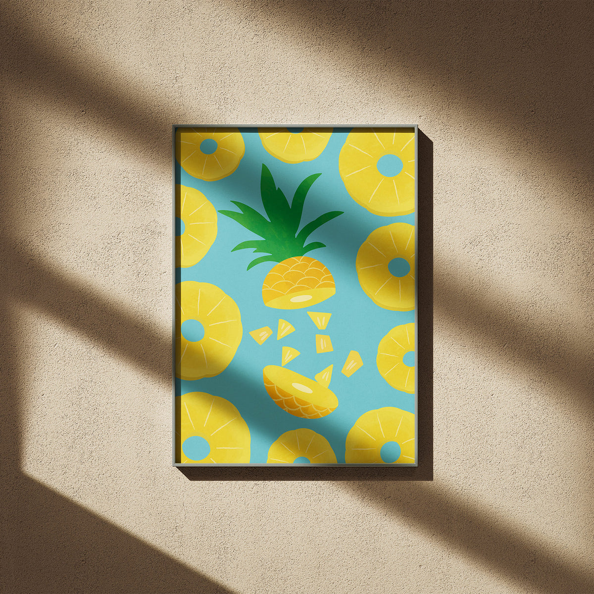 Funky Ananas - Süsse Sehnsucht Poster, gerahmt an einer sonnigen Wand mit weichen Schatten