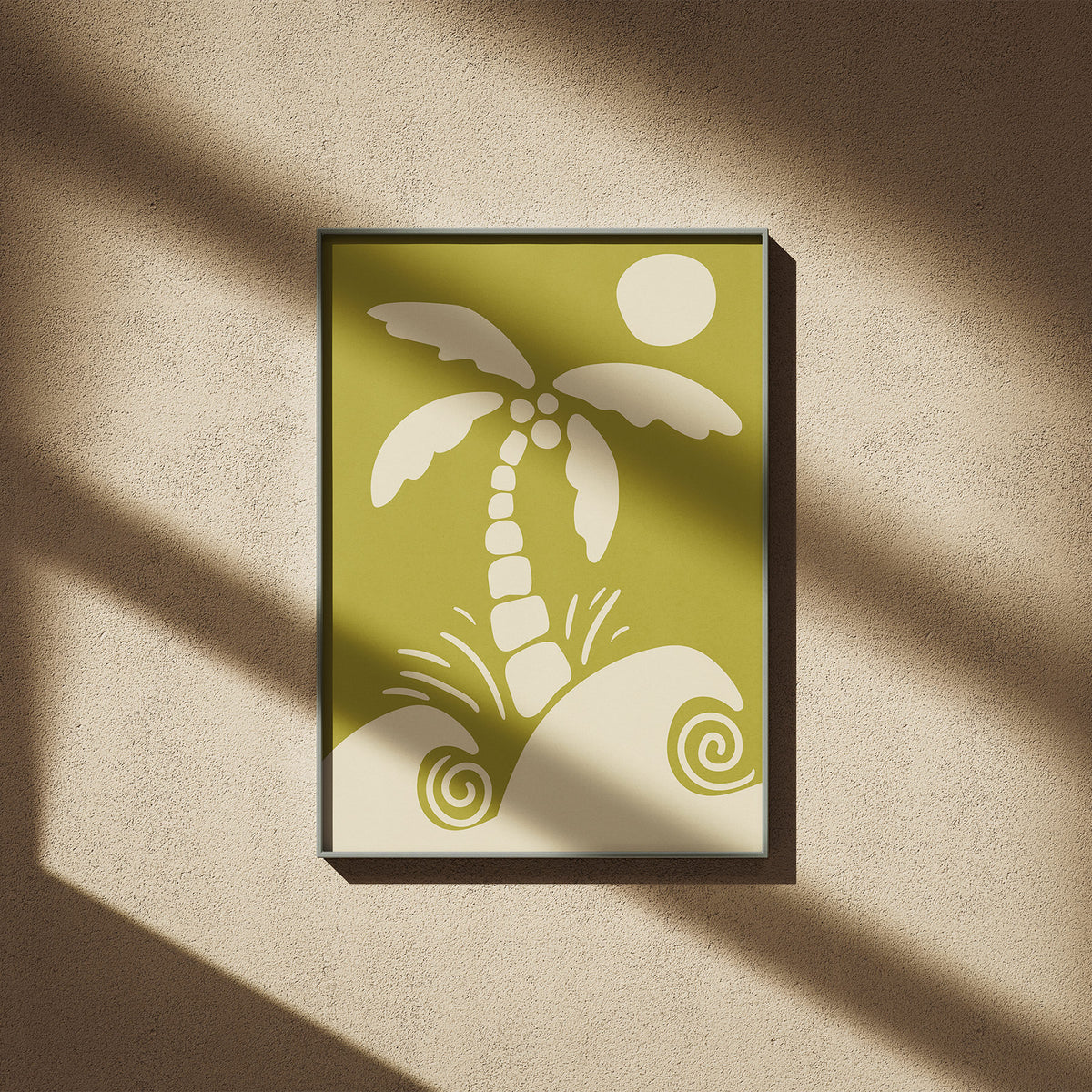 Groovy Wave - Retro Surf Poster, gerahmt an einer sonnigen Wand mit weichen Schatten