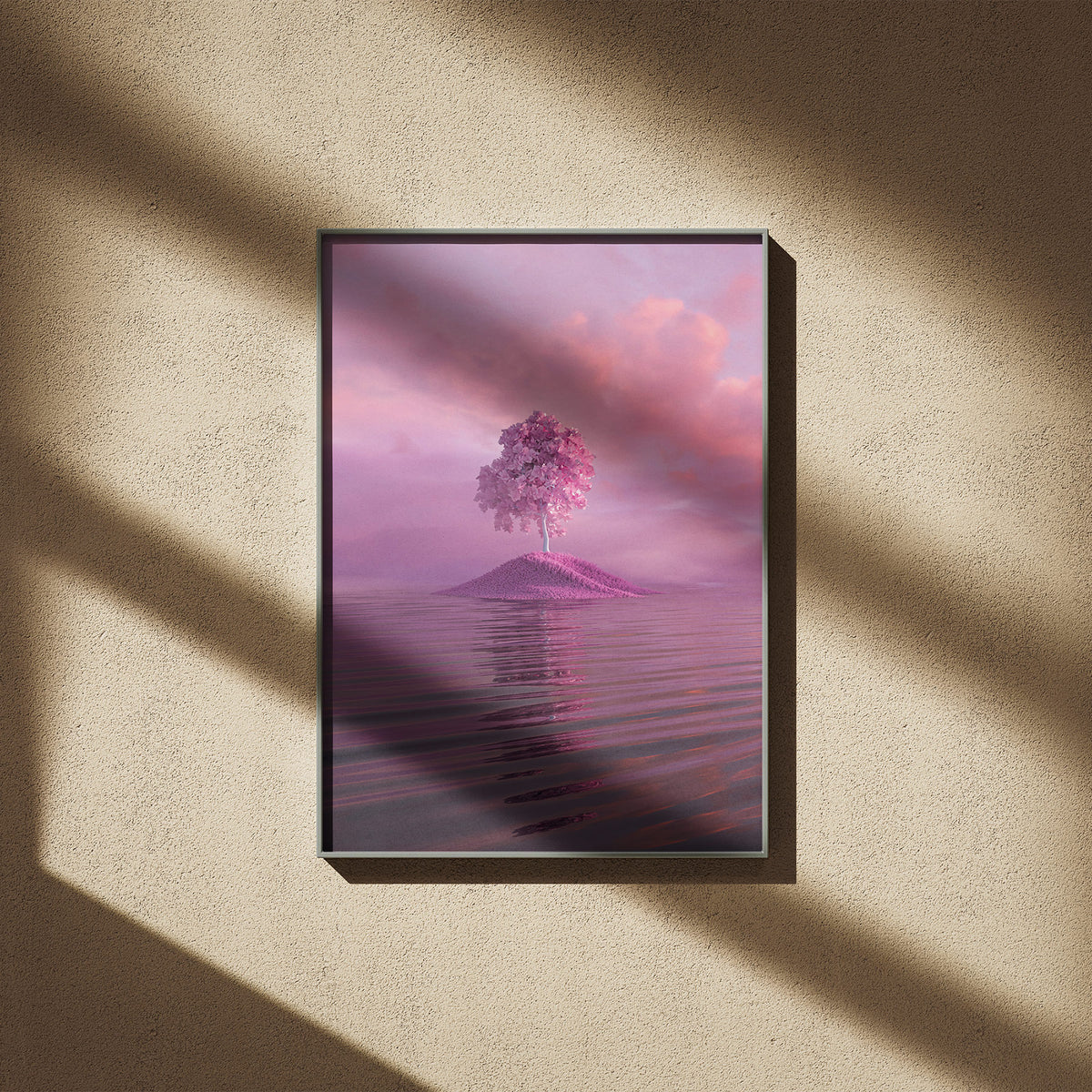 Rosa Baum Insel – Surreale Kunst Poster, gerahmt an einer sonnigen Wand mit weichen Schatten