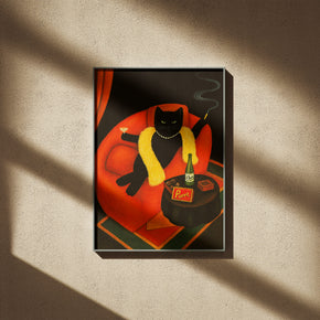 Purrt Lounge - Schicke Schwarze Katze Poster, gerahmt an einer sonnigen Wand mit weichen Schatten