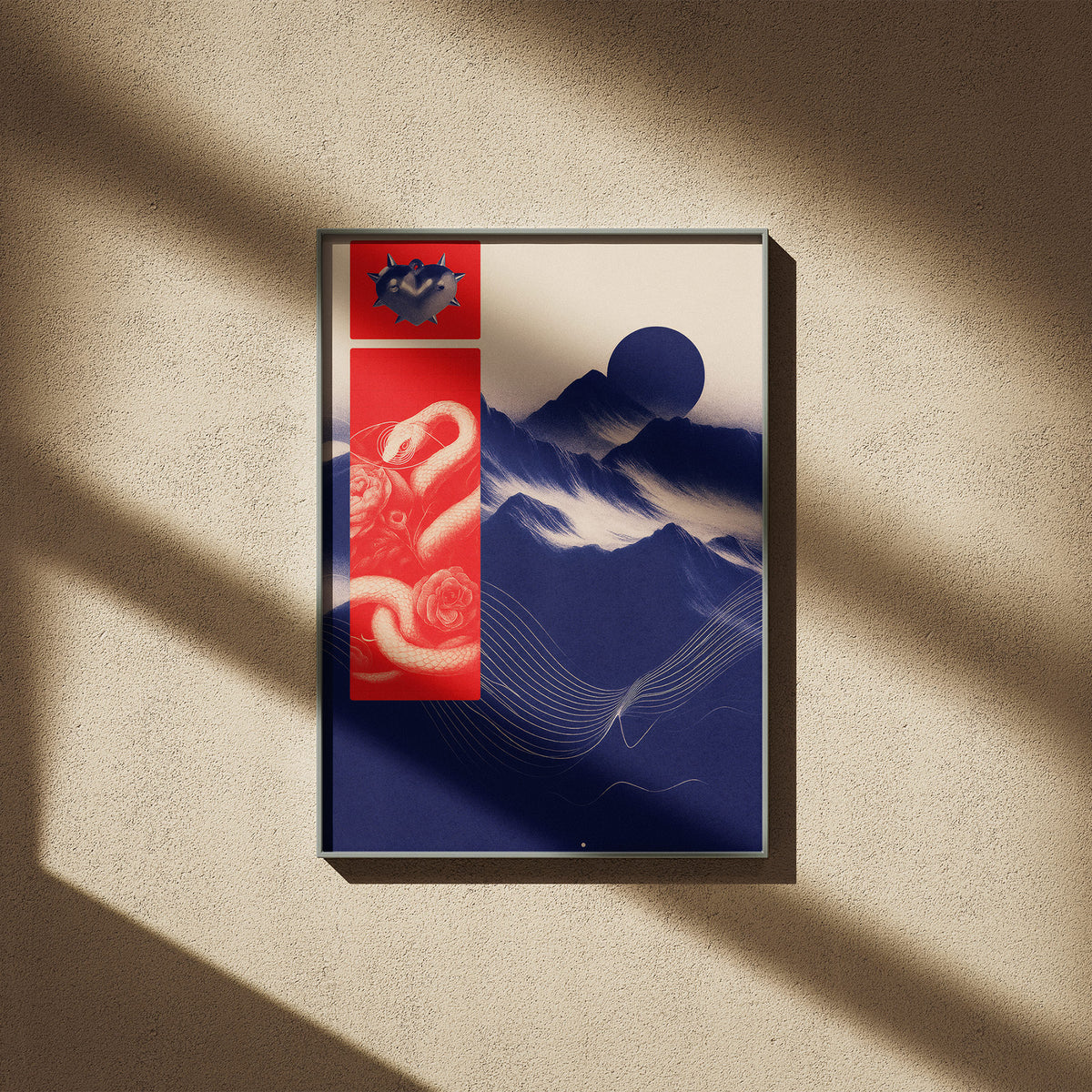 Schlangenberge - Surreale Vision Poster, gerahmt an einer sonnigen Wand mit weichen Schatten