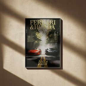Rivalen der Strasse - Ferrari F40 x Honda NSX Poster, gerahmt an einer sonnigen Wand mit weichen Schatten
