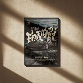 Die Ikone - Ferrari F40 Poster, gerahmt an einer sonnigen Wand mit weichen Schatten